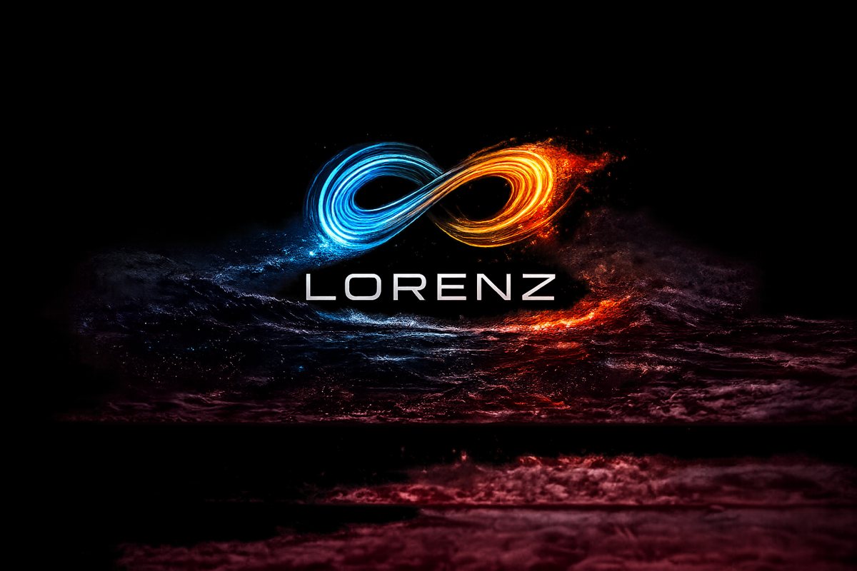 Lorenz mark: a fire-and-water infinity loop over a horizon line